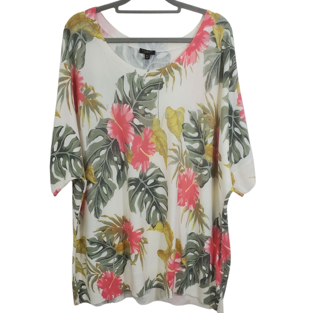NWT Talbots Knit Sweater Top Lightweight Tropical Floral Dolman Sleeve 3X Petite